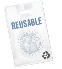 An icon of a thick, reusable plastic carryout bag, which is permitted with an eight-cent charge.