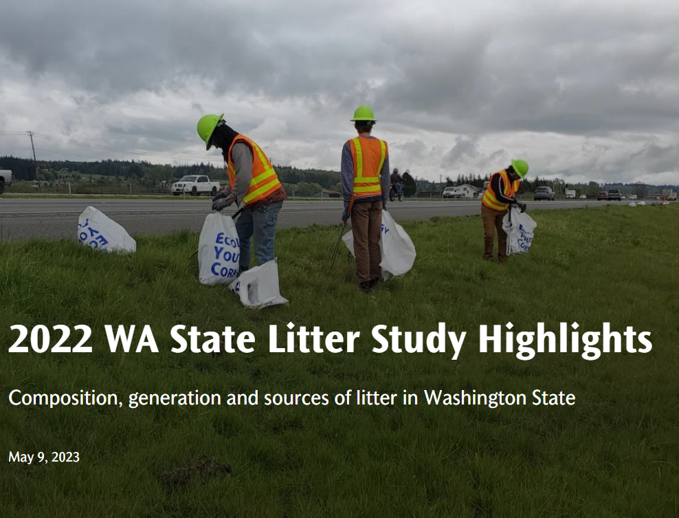 Ecology Youth Corps crews pick up litter on a Washington roadway. This image serves as the cover of the 2022 Washington Litter Study results.
