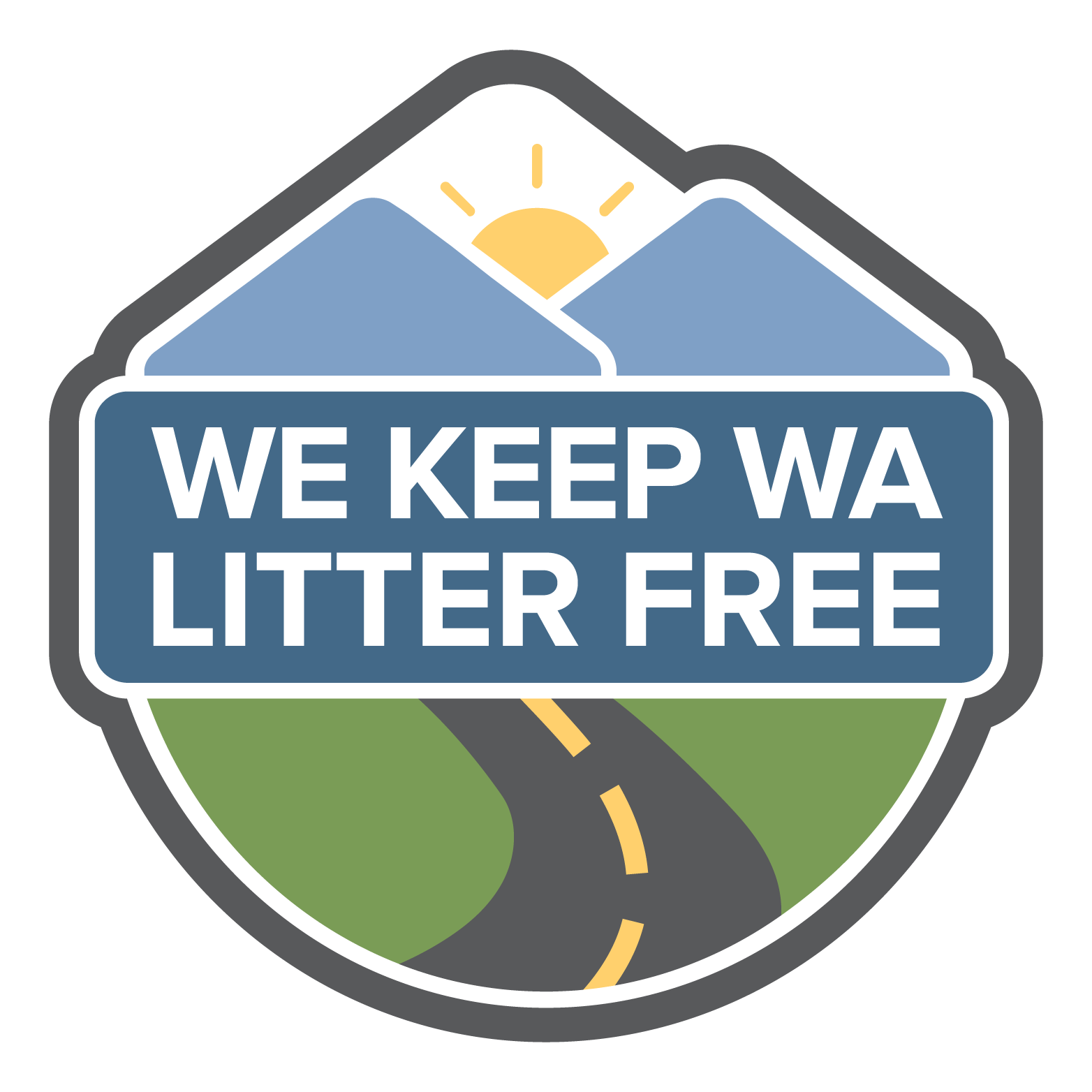 The logo for the We Keep WA Litter Free campaign: A yellow sun setting (or rising) over mountains and a highway.