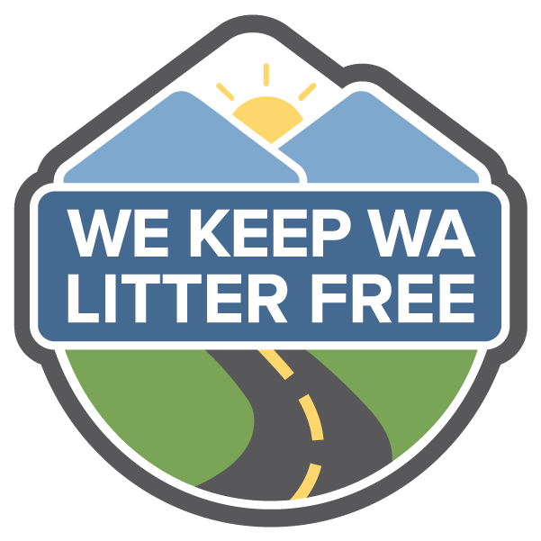 The "Keep WA Litter Free" campaign logo, a cartoonish sun setting (or rising) over mountains and a highway. 