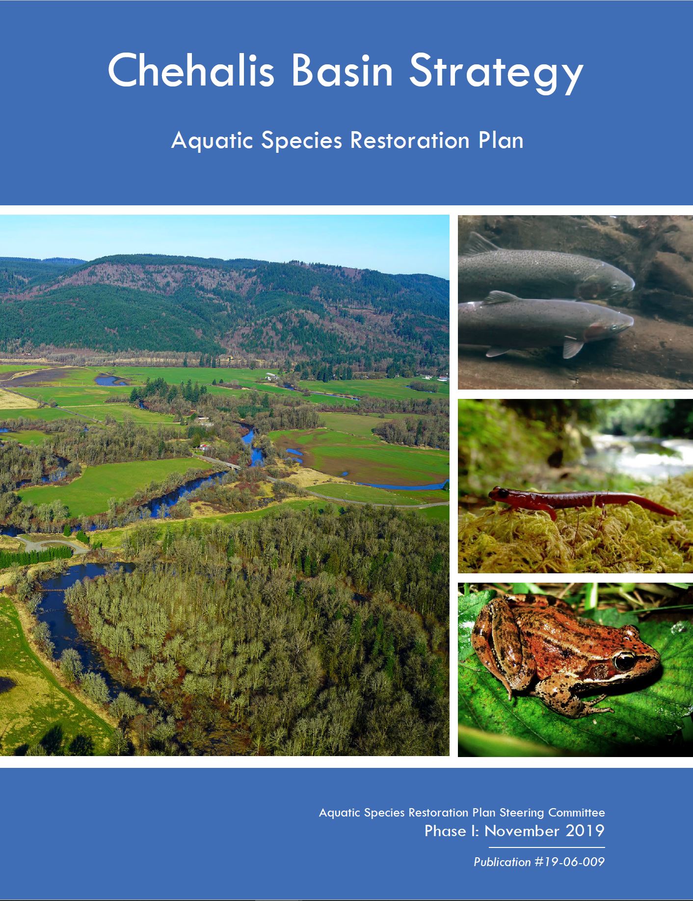 Front cover of the ASRP Publication featuring images of the Chehalis River, Salmon, a red-striped frog, and a salamander.