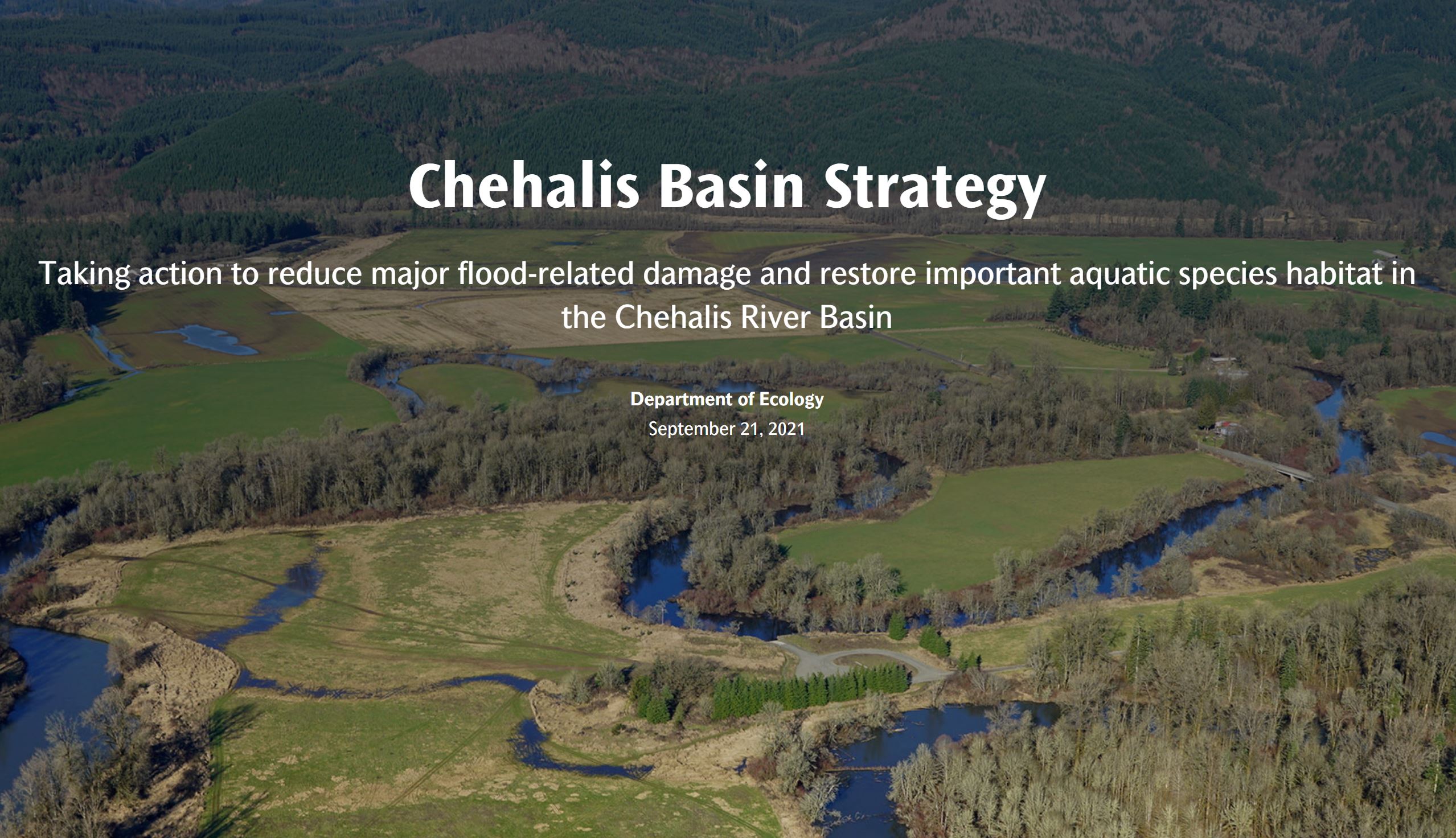 Screenshot of Chehalis River Basin story map homepage with view of agricultural land along a winding river and wetlands. 