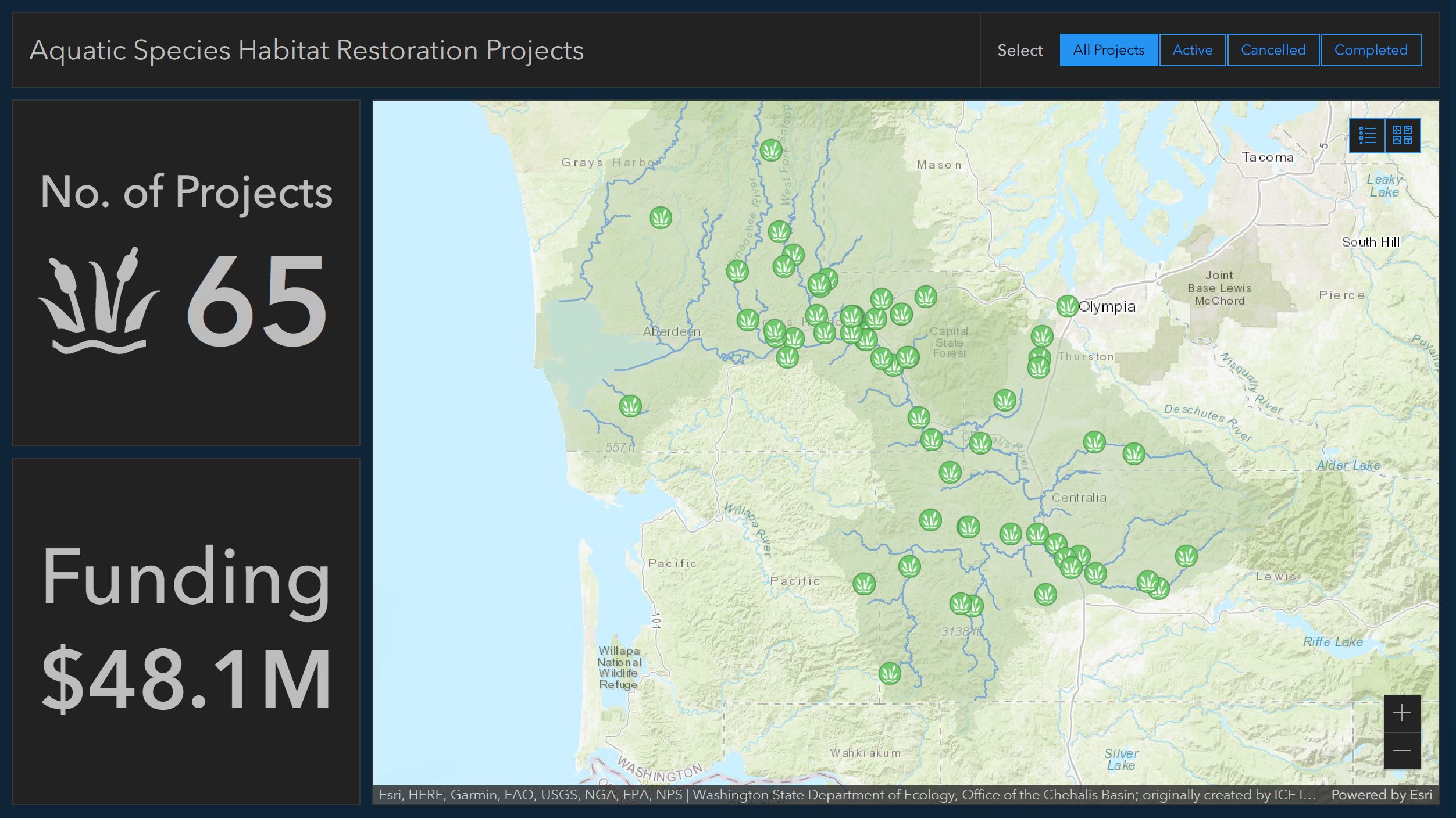 Screenshot of storymap table showing 65 projects, $48.1 million in funding, and the locations of projects in the Chehalis Basin.