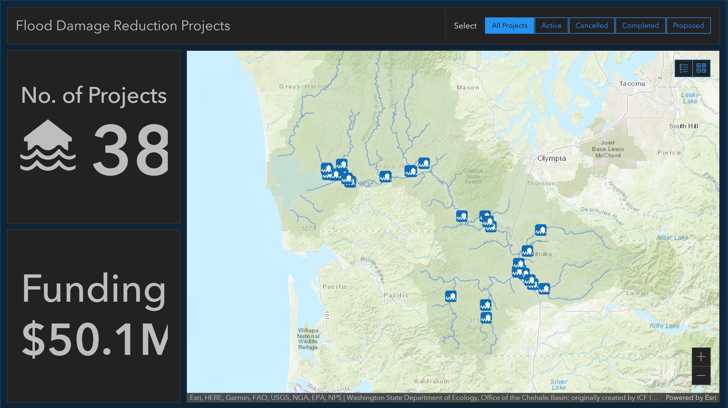 Screenshot of storymap showing 38 projects, $50.1 million in funding, and the locations of projects within the Chehalis Basin