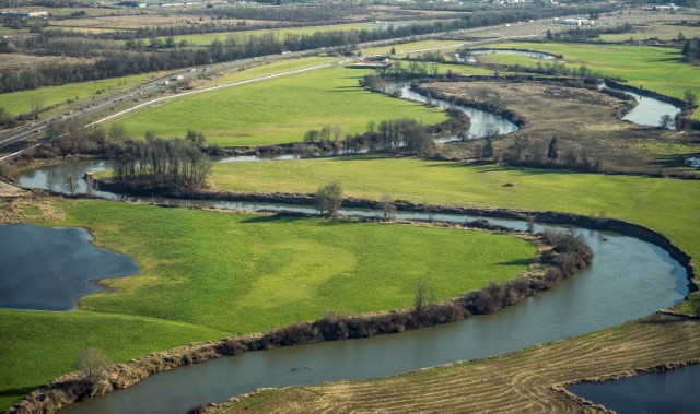Meandering Chehalis River with ox bows, a prime habitat for salmon and other aquatic species.
