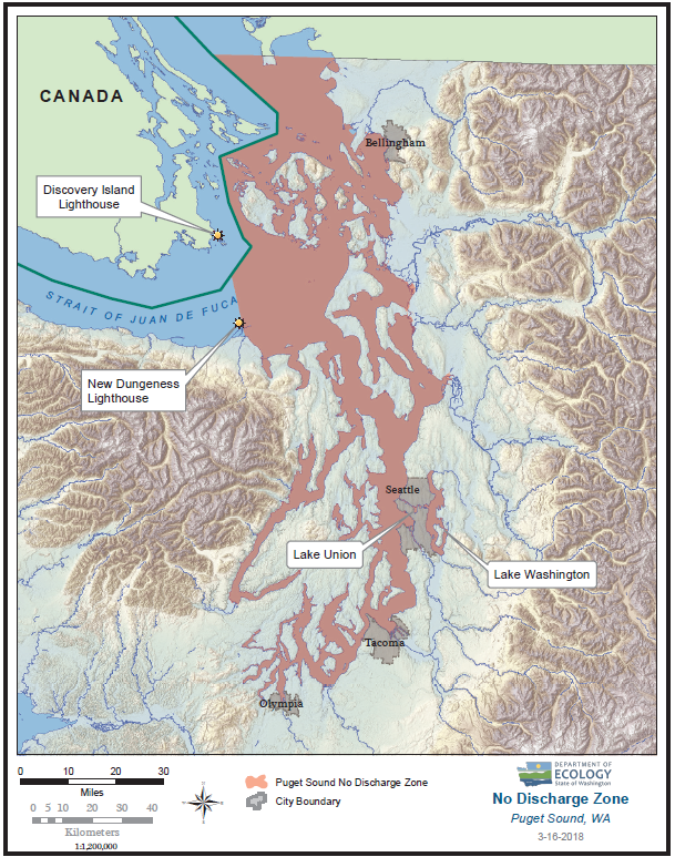 Map of proposed no discharge zone. Includes all marine waters east of New Dungeness Lighthouse, plus lakes Union & Washington and waters connecting them to Puget Sound.