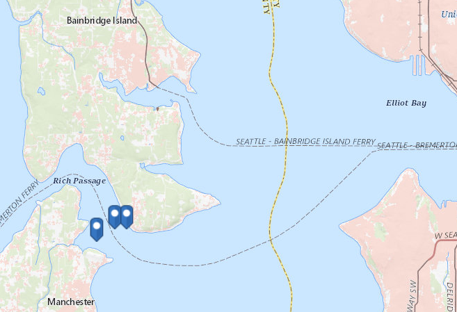 Map showing location of three net pens in Rich Passage near Bainbridge Island