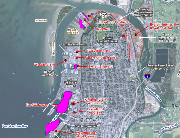 Locations of sediment cleanup sites in Port Gardner. Includes sections of East Waterway, South Marina, and Maulsby Mud Flats.