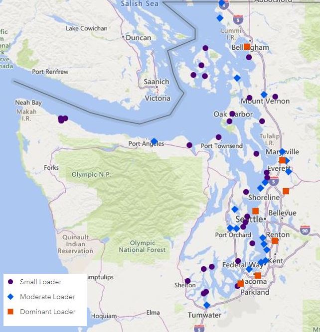 map of puget sound with all WWTP marked as small or dominant loader. Contact Ecology for more info