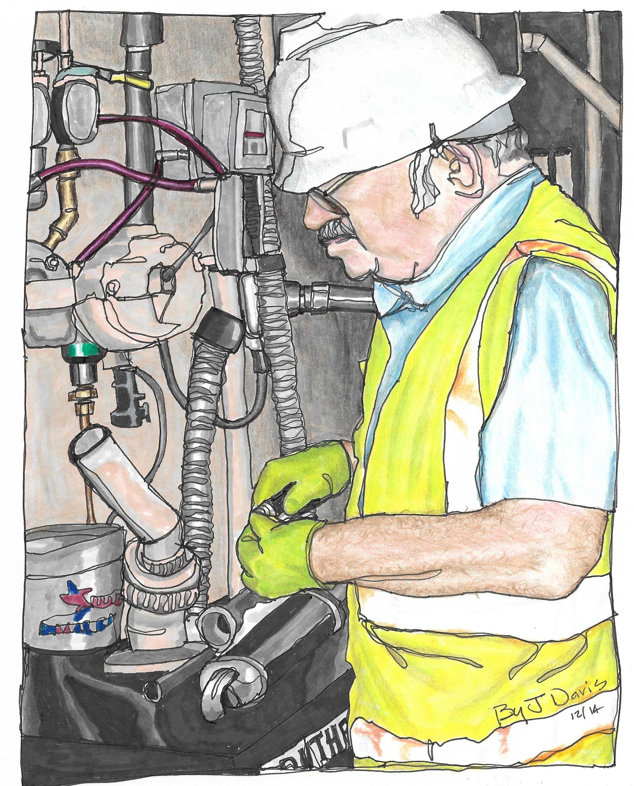 Drawing of a wastewater operator working on a system in a tunnel.