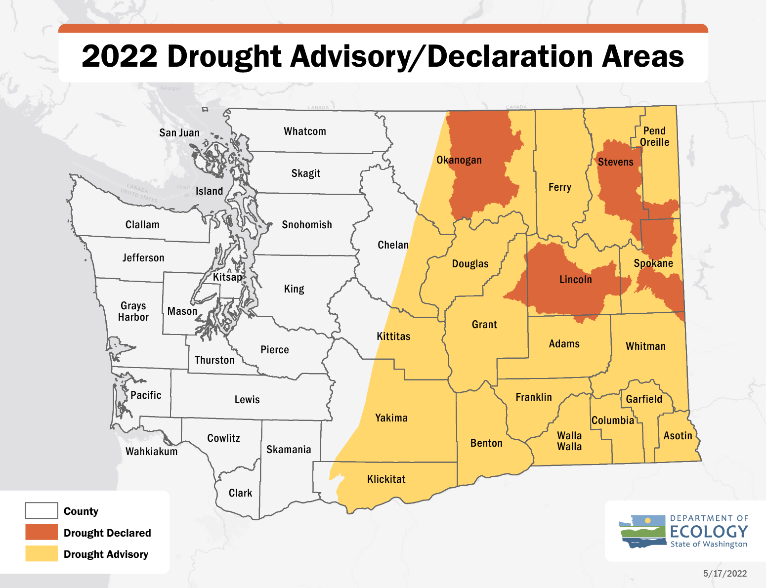 Map of Washington indicating five watersheds spanning parts of Spokane, Lincoln, Grant, Adams, Whitman, Stevens, Okanogan and Pend Oreille counties remain in drought emergency status. 