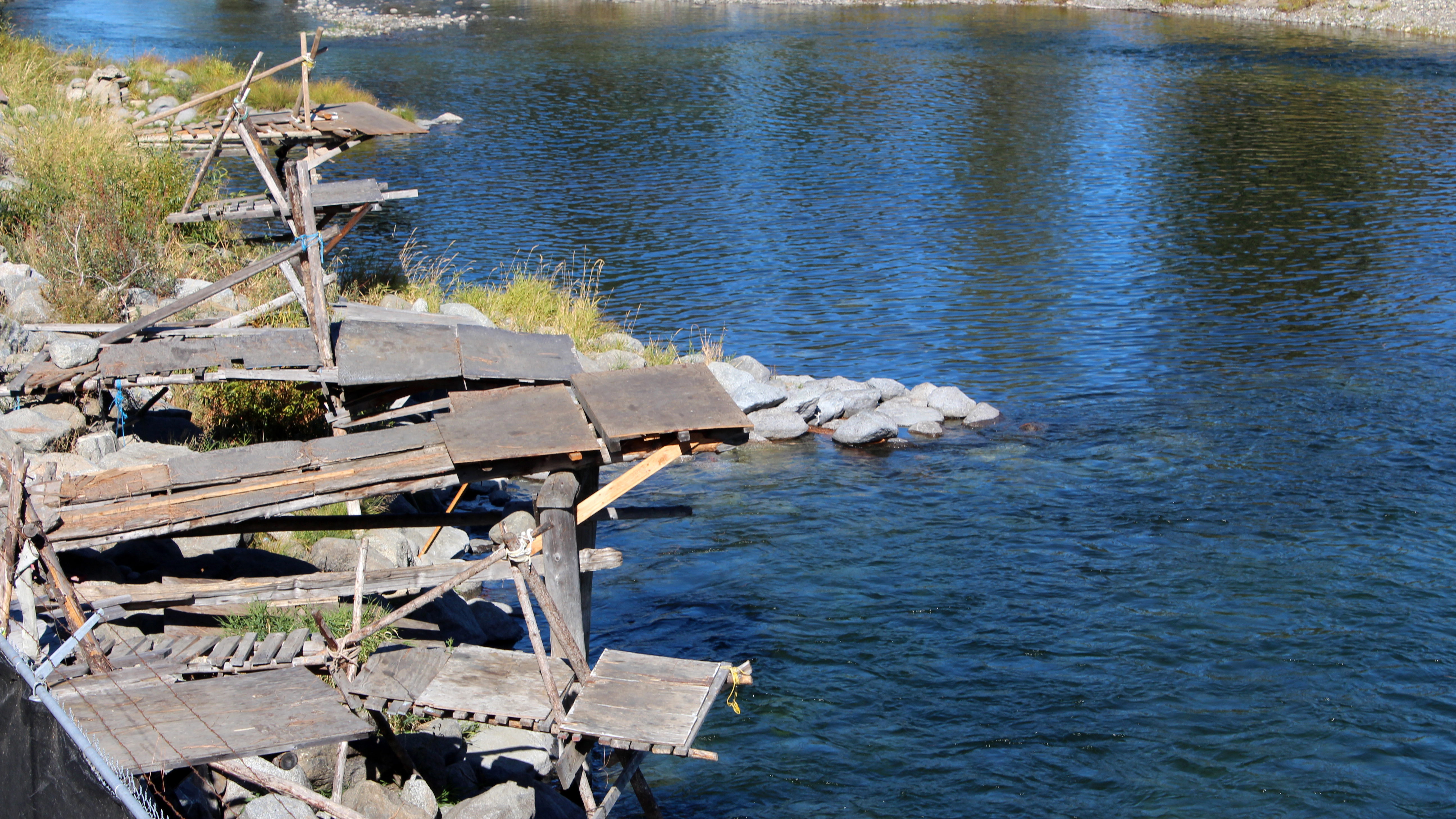 wooden platforms for fishing extend into Icicle Creek