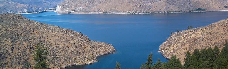 View of Lake Roosevelt abutting Grand Coulee Dam along the Columbia River.