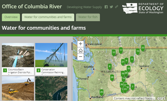 Screenshot of interactive map showing map page identifying projects for communities and farms.