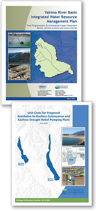 Graphics illustrate  the covers of some of the Yakima Basin Integrated Plan reports available in this tab section