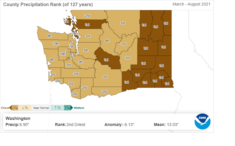 Map of state of Washington shows Eastern Washington counties are brown, meaning they are the driest in recorded history since 1895.