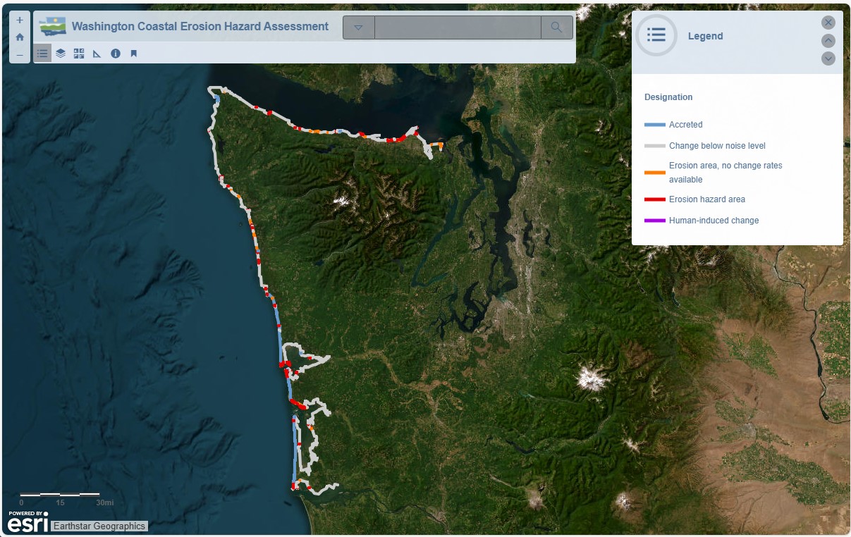 Map of Washington with shoreline shaded by erosion hazard