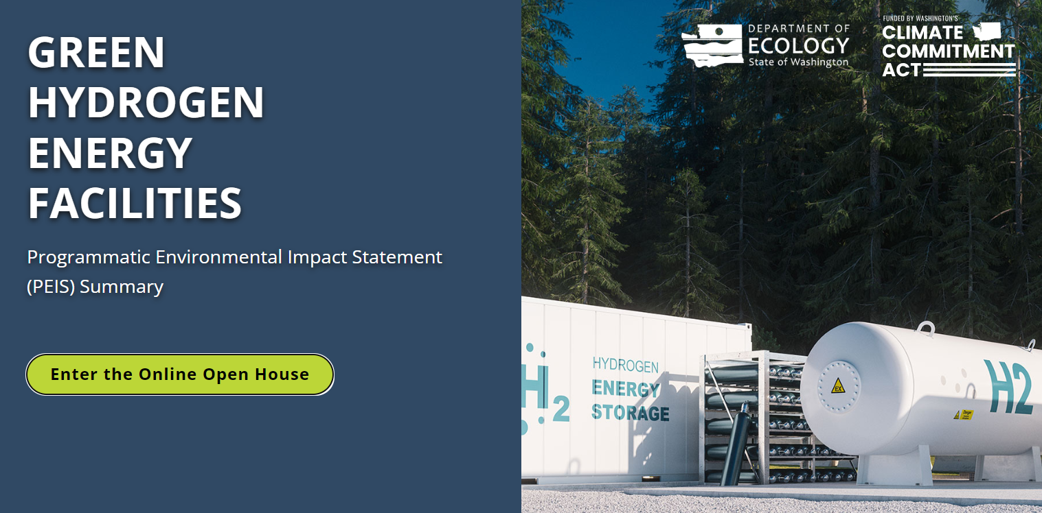 Home page of Green hydrogen energy facilities open house with image of hydrogen energy storage tanks.