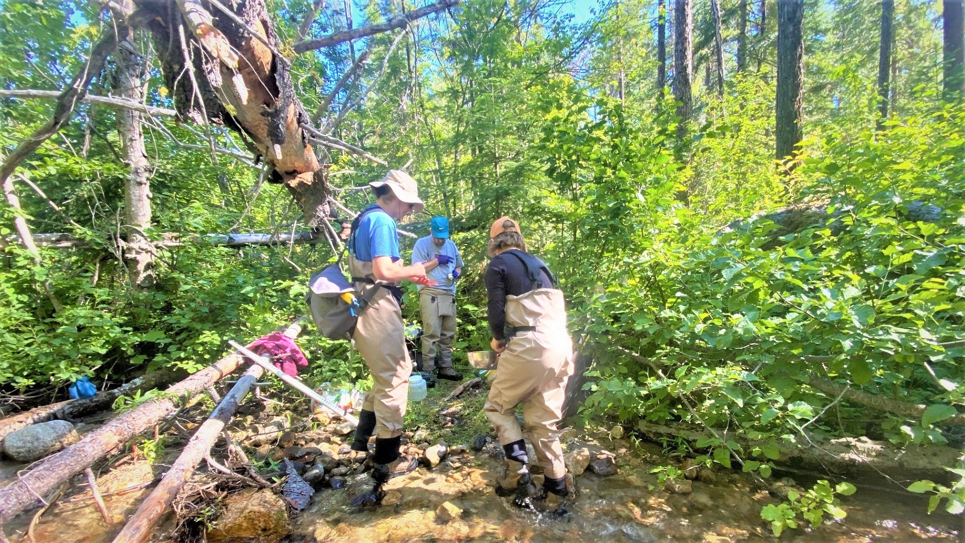 Three crewmembers organizing a lot of sampling equipment.