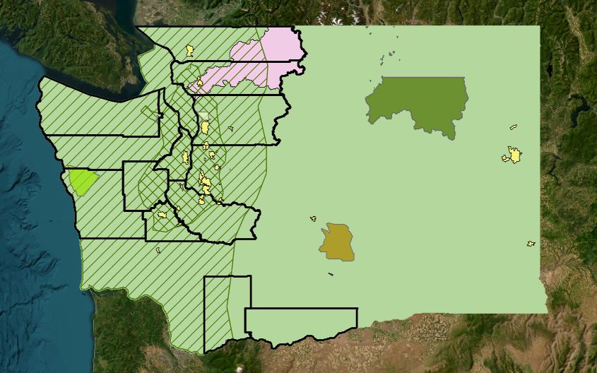 Washington state map that shows the geographic locations of wetland map projects