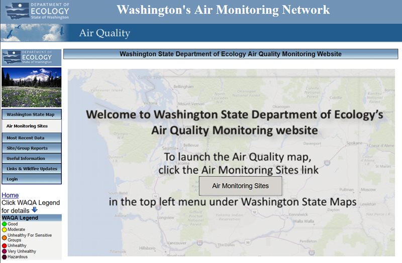 A screenshot of Ecology's air monitoring website