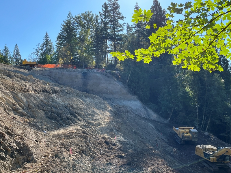 A fake rock wall built into a steep slope of dirt blends into its brown dirt and soil surroundings.