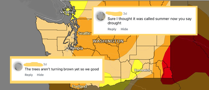 Screen shot of a drought map with reader comments superimposed.