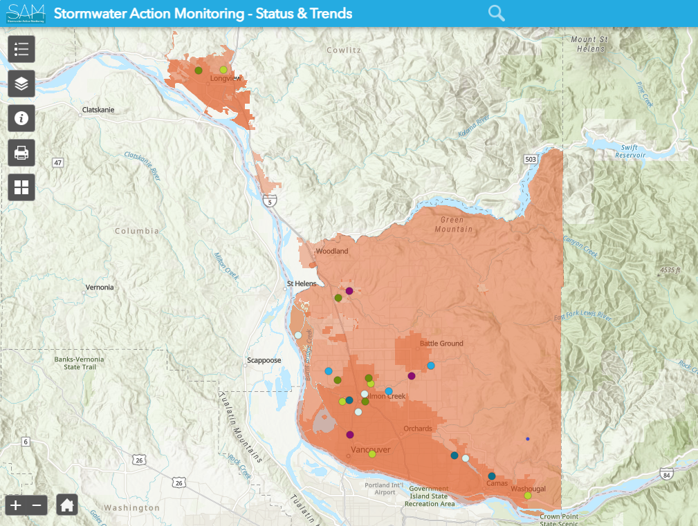 Map showing Lower Columbia Urban Streams Monitoring Locations