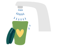 illustration of a faucet with hands and water coming out to wash a resuable cup
