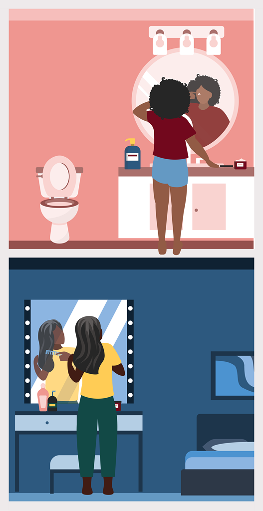 Two illustrated scenes of brown-skinned women using cosmetics products.