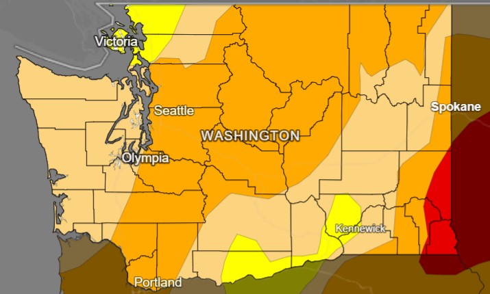 U.S. Drought Monitor map of Washington. Red areas in the lower right corner are in "extreme" drought