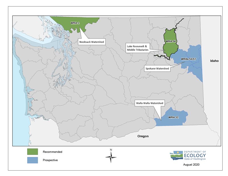 Map of Washington showing four watersheds that were assessed for the adjudication process.