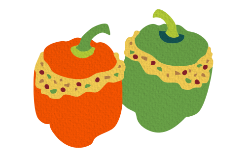 Illustration of two stuffed peppers, one red and one green