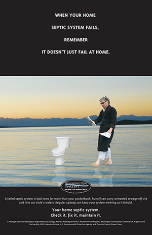 graphic of man walking on water, with toilet nearby. graphic discusses how when septic system fails, it fails in more than a house.
