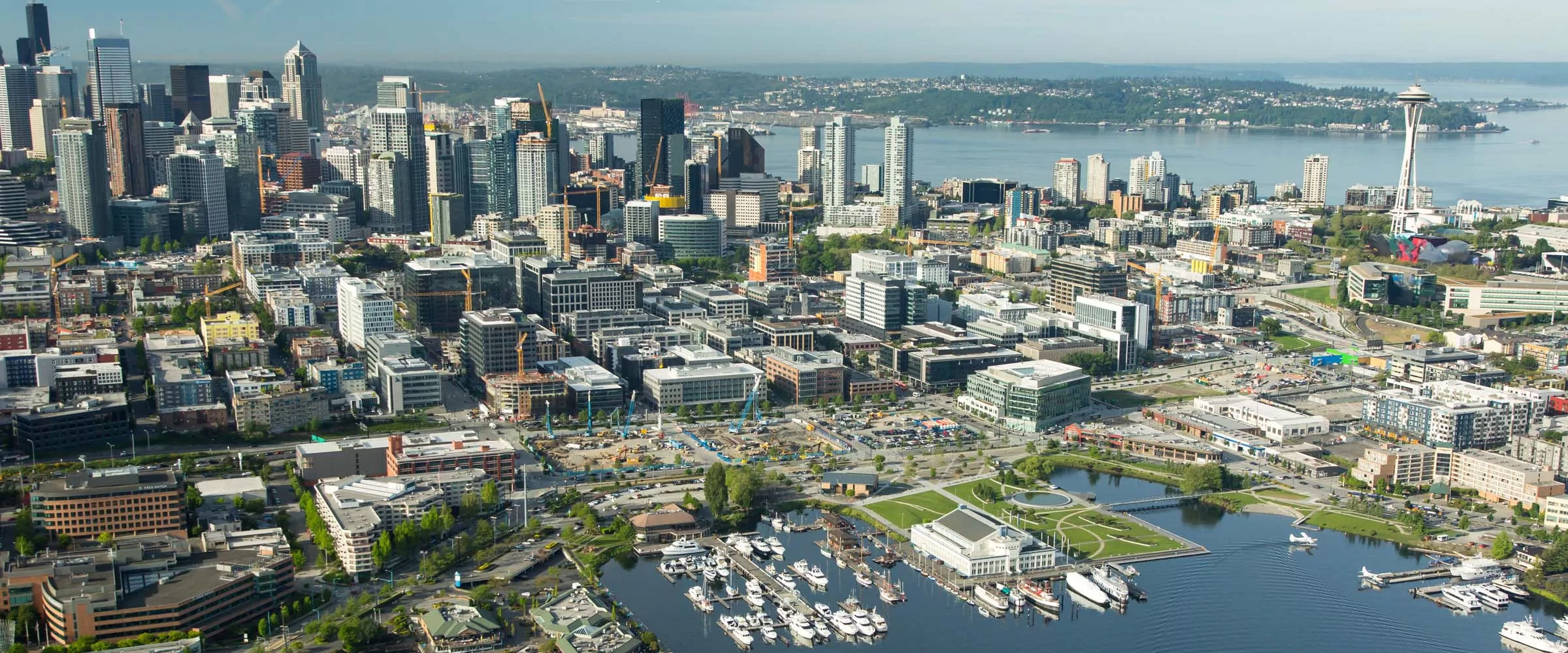 Aerial view of Seattle downtown with Lake Union in foreground