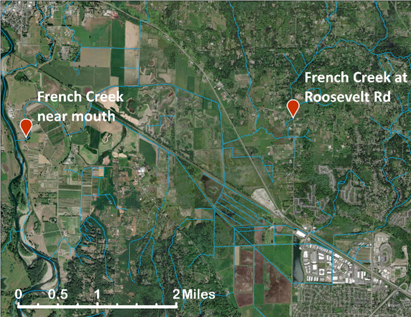 Aerial view of map of French Creek. Two points are marked. Western point is labeled 