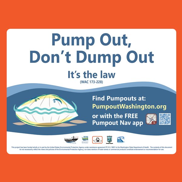 Puget Sound no discharge zone sign with pump out don't dump out message and a graphic of Sam the Clam