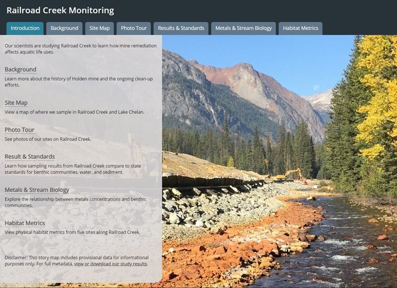 A preview of the story map showing some of the tabs available, like results and site photos, with a background image of Railroad Creek with remediation construction in progress.