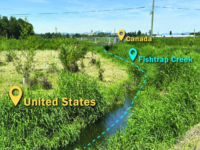 Creek running through grassy field with bridge in background including US label in foreground and Cananda in background