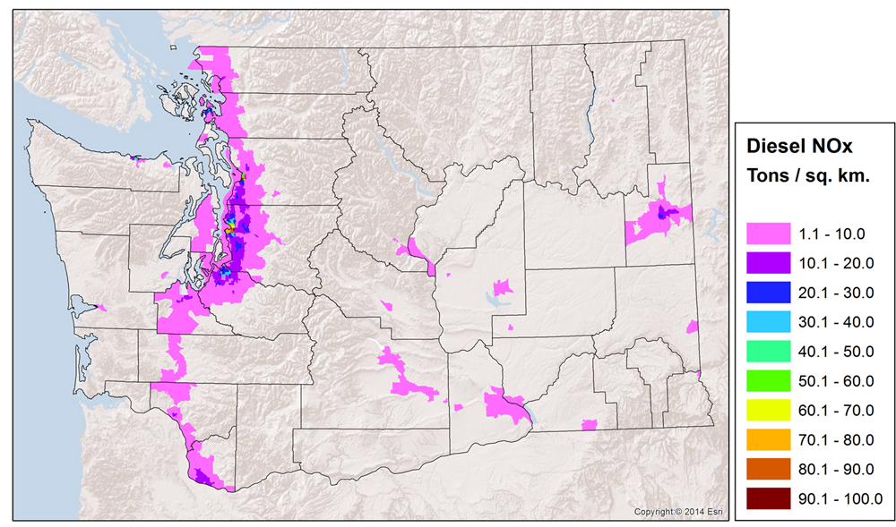 Map of Washington showing most diesel pollution is along the I-5 corridor and larger cities.
