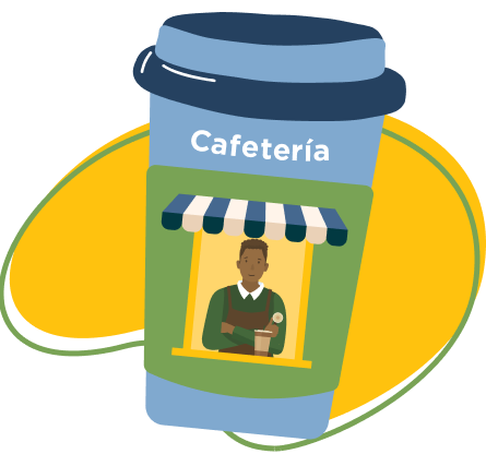image of reusable coffee cup with lid and text that reads "cafeteria"