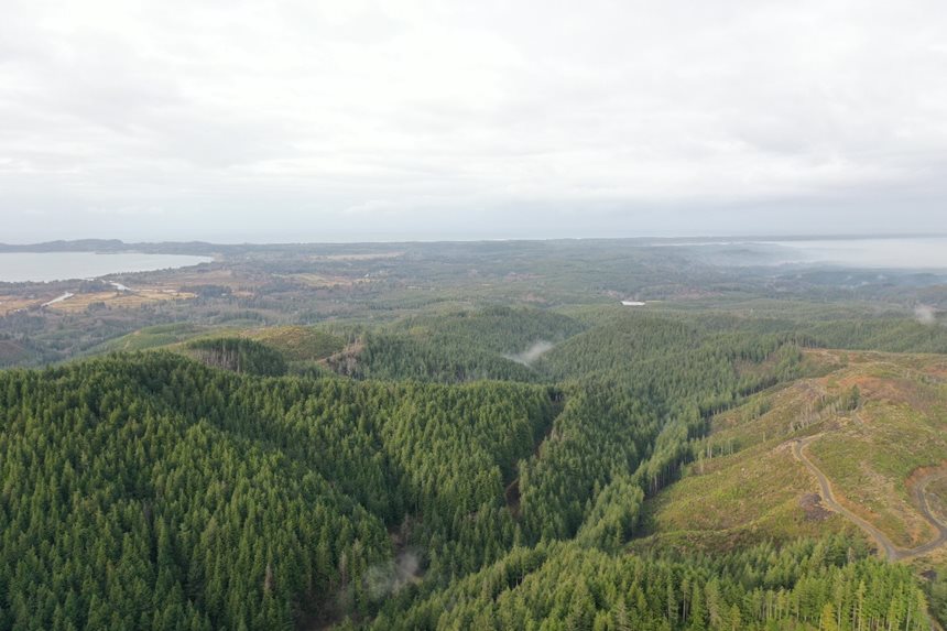 view of wooded ridgelines and hills with coastal waters far in the distance