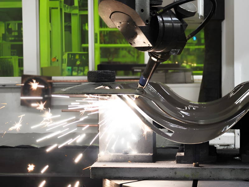 Sparks fly as a laser machine cuts a component in an industrial setting.