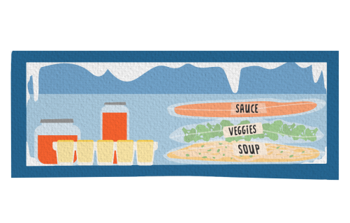 Illustration of a freezer with frozen items, including sauce, vegetables, and soup