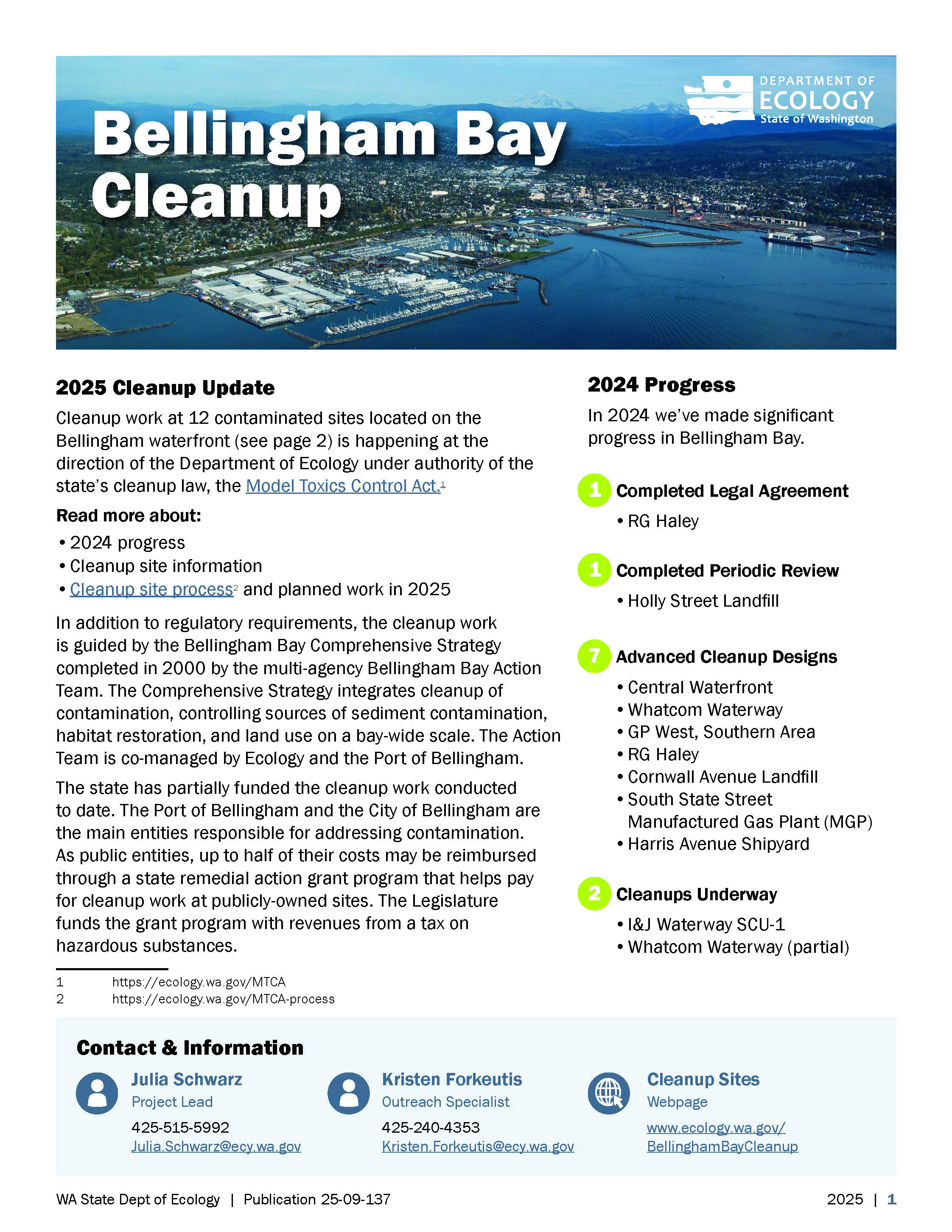 Fact sheet cover page shows aerial view of bay, 2025 cleanup update, 2024 progress
