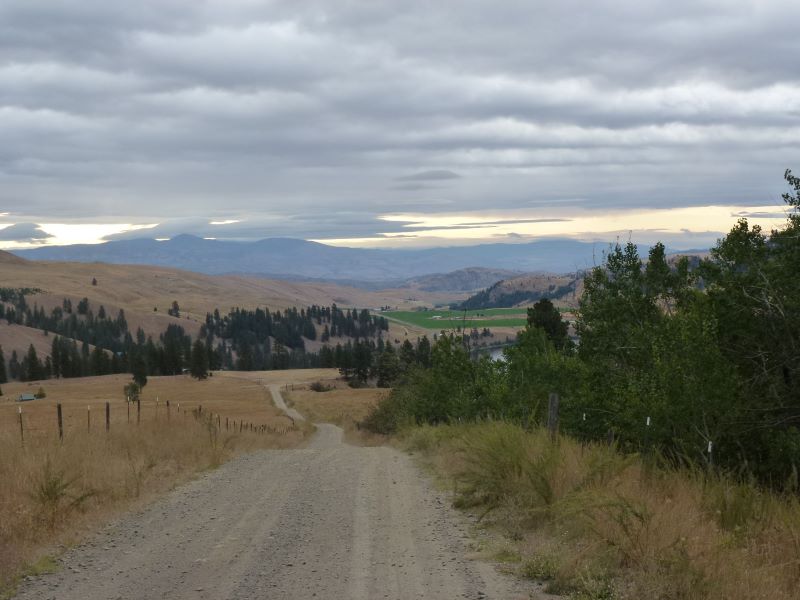 Panorama of a dirt road winding through fenced fields among some evergreen trees