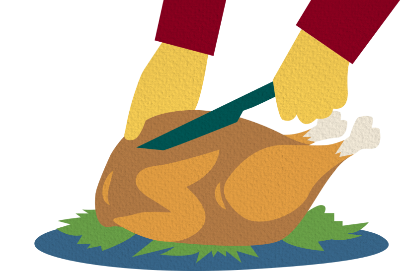 Illustration of hand carving turkey with vegetables