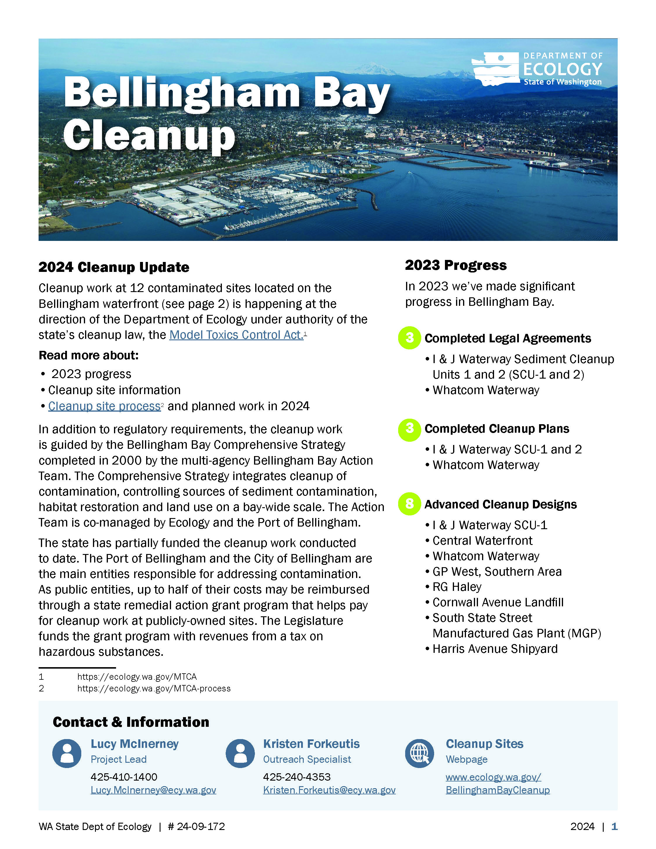Fact sheet cover page shows aerial view of bay, 2024 cleanup update, 2023 progress