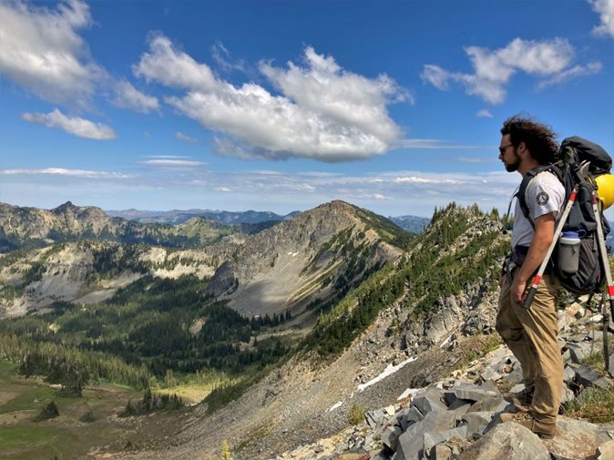 A WCC member stops at an overlook in Mount Rainier National Park
