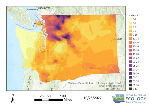 map showing how smoke severely impacted the north central region of Washington in 2022.